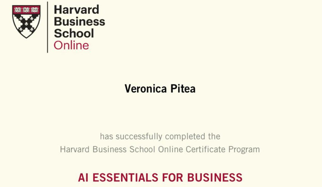 Veronica ha ottenuto il certificato “AI Essentials for Business” rilasciato da Harvard Business School Online!